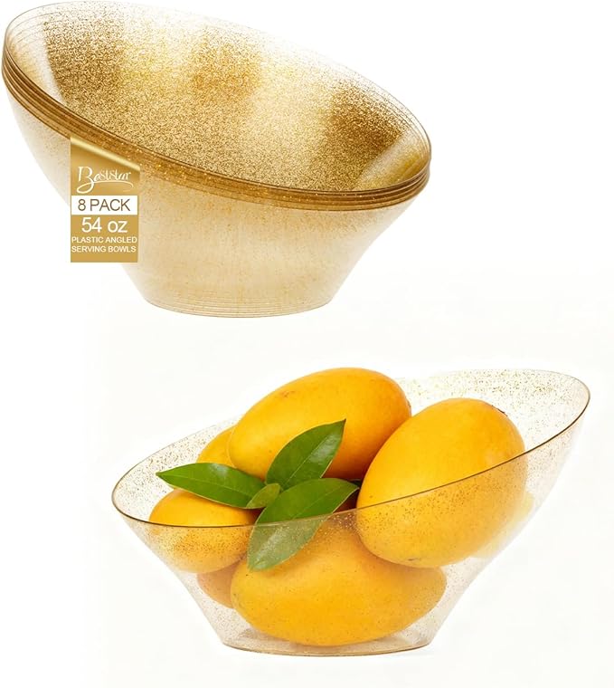 BESTSTAR 54OZ Clear and Gold Gliter Plastic Serving Bowls 8 Pack Angled Disposable Party Bowls for Chips, Salad, Fruit & Candy – Heavy Duty Clear Serving Bowls for Parties, Buffet, Christmas
