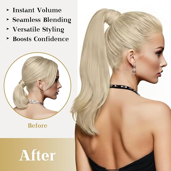 Ve Sunny Hair Extensions Ponytail Real Human Hair Wrap Around Clip in Ponytail Hair Extensions Straight Extensions Human Hair for Women White Platinum Blonde 14inch 80G