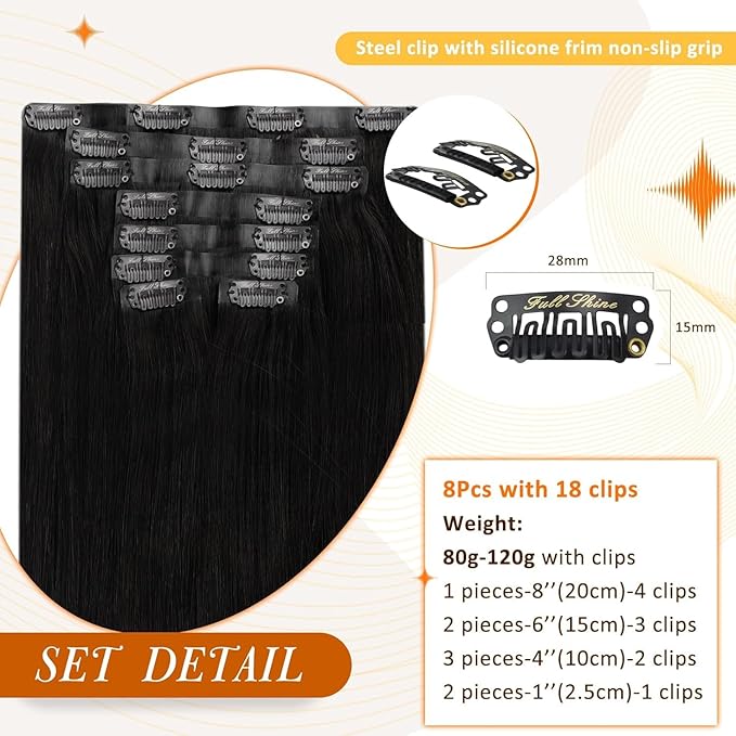 Full Shine Black Hair Extensions Clip in Jet Black Seamless Clip in Hair Extension 12 Inch Short Length Soft Straight Hair for Women Ease of Use 8 PCS 95 G