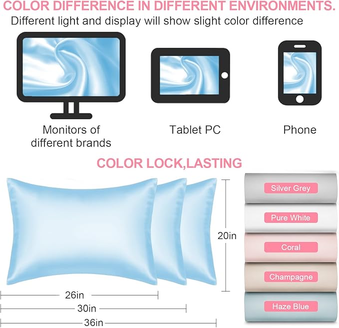 Mulberry Silk Pillow Cases King Size with Hidden Zipper, Ultra Smooth and Soft Breathable Cooling Silk Satin Pillowcase for Hair and Skin, Gifts for Women Men (Sky Blue, 20x36 Inches, 1 Pack)