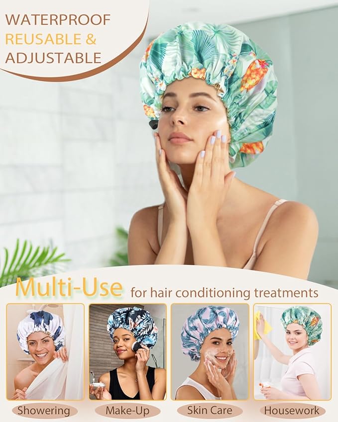 Large Shower Caps for Women Reusable Waterproof Satin Lined Shower Cap with Adjustable Band Double Layer Design Luxury Washable Bath Hair Bonnet (Pineapple Palm)