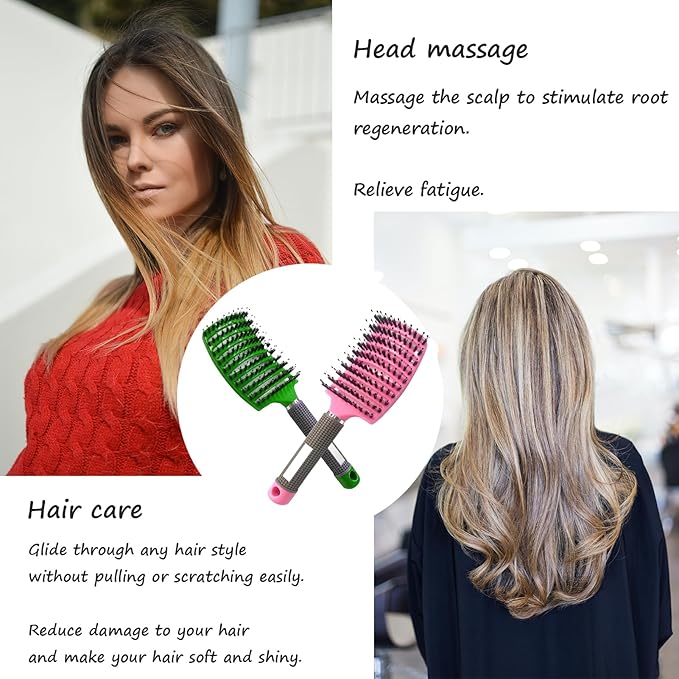 2 PACK Boar Bristle Hair Brush No Pull Curved Vented Hair Brushes Detangler Brush Fast Blow Drying Hair Brush for Kids Men Women Wet Dry Long Thin Thick Curly Tangled Hair (pink+green)