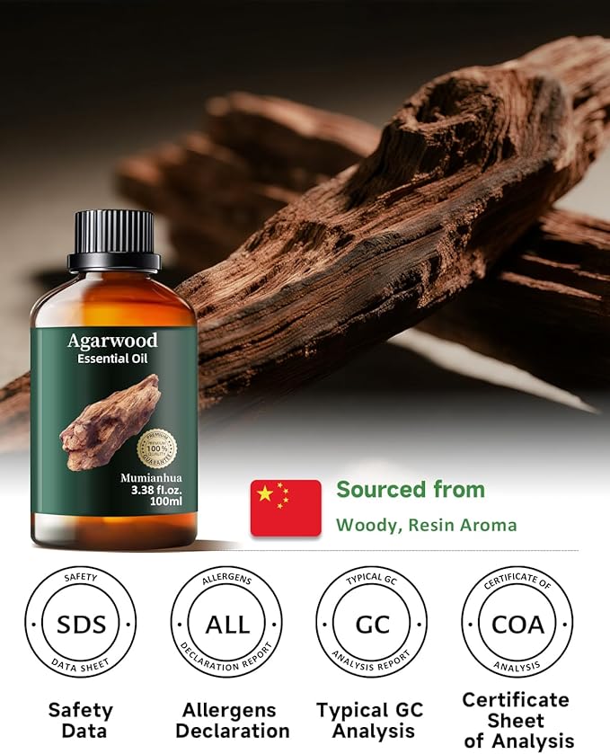 Agarwood Essential Oil, Mumianhua Natural Aromatherapy Agarwood Oil for Aromatherapy, Diffuser, Spray, Skin, Hair Care, Massage, Soap, Candle Making, Perfume 3.38 Fl Oz