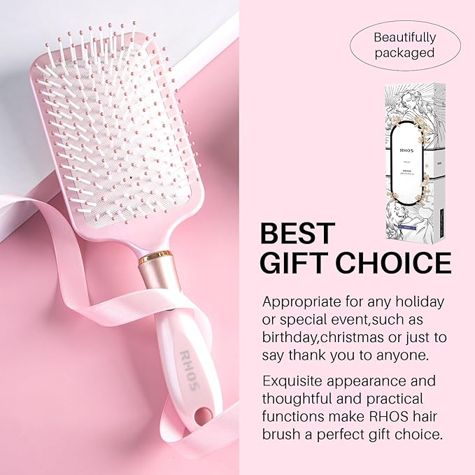 RHOS Paddle Brush for Women & Men - Detangler for Thick, Curly, Long, Wet & Dry Hair - Nylon Bristles Square Cushion Brush for Smoothing and Detangling (1 Pack - Pink)