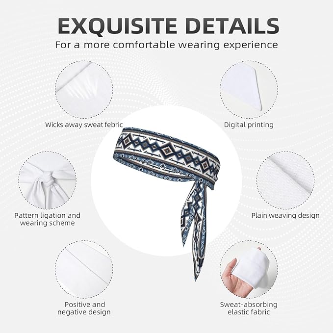 Men's Women Fashion Sports Sweatband Hand Decor for Running Fitness Spa, Long Multifunction Colorful Surf Blue Tribal Navajo Aztec Geometric Ethnic Pattern Head Ribbon Headwear