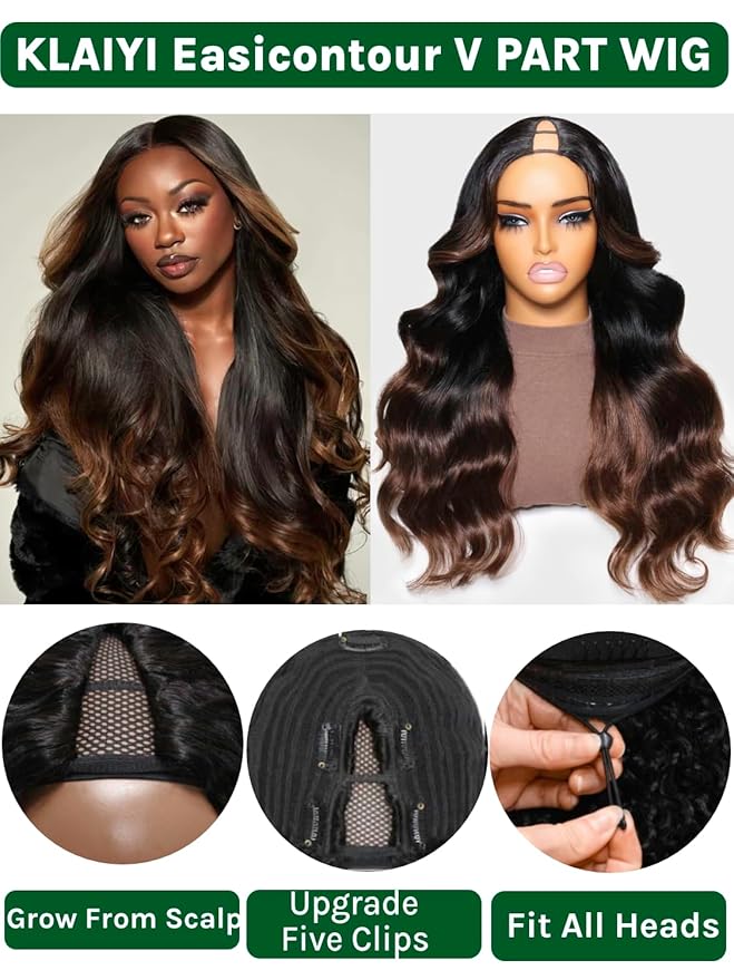 KLAIYI Ombre Brown V Part Wig Body Wave Human Hair Upgrade U Part Wig with Dark Roots Glueless Chestnut Brown Clip in Half Wig No Glue No Leave Out Beginner Wigs for Women Wear and Go Wig 150% 20Inch