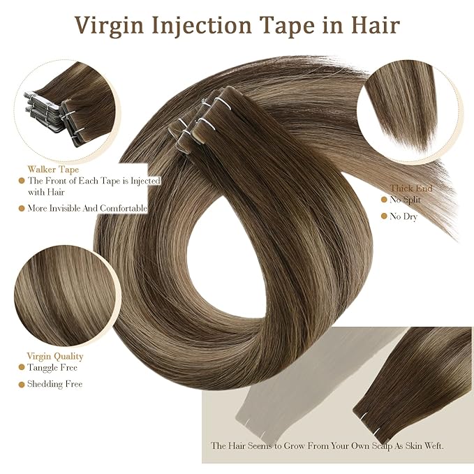 Full Shine Virgin Injection Tape in Hair Extensions Real Human Hair Color 4/27/4 Balayage Tape in Extensions 16 Inch Machine Remy Seamless Human 5Pcs 10Gram Invisible Injected