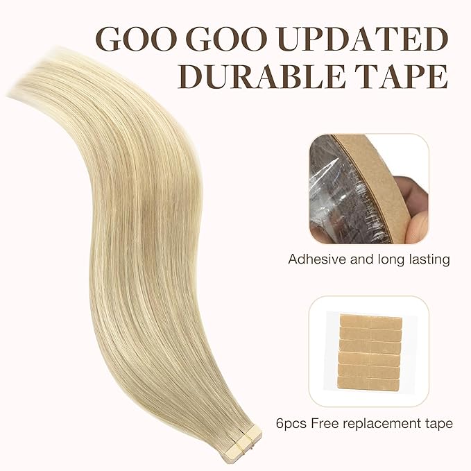 GOO GOO Tape in Hair Extensions Human Hair, 18ET90A Natural Blonde Balayage, 16inch 50g 20pcs, Skin Weft Seamless Invisible, Silky Straight with Thick Ends, Remy Human Hair