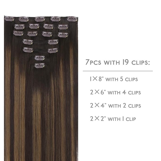 WENNALIFE Clip in Hair Extensions Real Human Hair, 24 Inch 120g 7pcs Dark Brown to Chestnut Brown Balayage Hair Extensions Clip In Human Hair Remy Clip Real Human Hair Double Weft