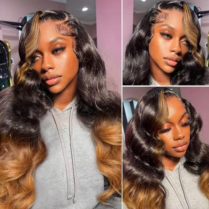 200% Density 13x6 Lace Front Wigs Human Hair Pre Plucked Body Wave HD Transparent Ombre Lace Front Wigs Glueless Wigs Human Hair 13x6 Balayage Wigs Human Hair Wigs For Women 32 Inch
