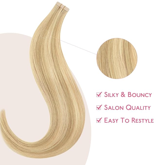 WENNALIFE Tape in Hair Extensions Human Hair Light Blonde Highlighted Golden Blonde Tape in Extensions, 10pcs 25g 16 inch Remy Invisible Tape Ins Straight Soft Real Human Hair Tape in Extensions