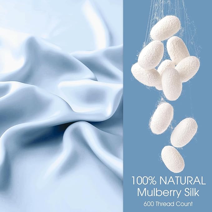 100% Silk Pillow Cases 2 Pack King Size Mulberry Silk Pillowcase for Hair and Skin Set of 2 Highest Grade 6A Silk Soft Breathable Cooling with Hidden Zipper, Sky Blue