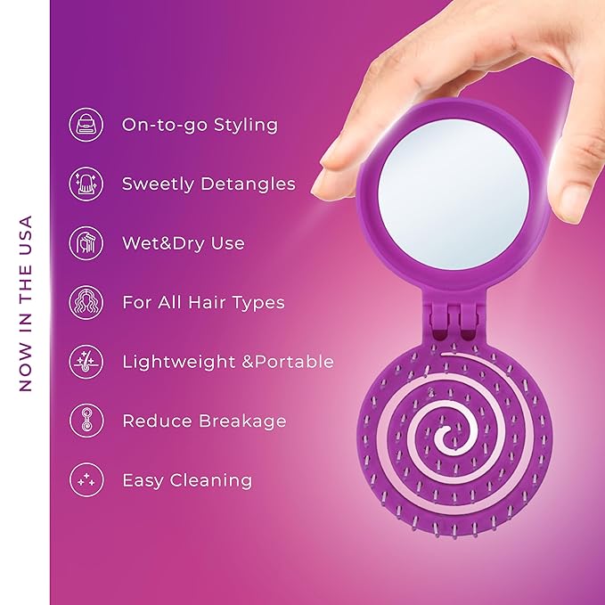Mini Detangler Travel Hair Brush with Mirror, Makaron Hair Brushes for Women, Men and Kids, Unique 3D Flexible Design for All Hair Types, Styling Accessory, Travel Essentials for Women (PURPLE)