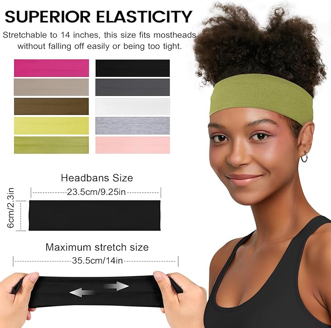 10 PCS Headbands for Women - Fashion Non Slip Cotton Headbands for Women and Men Perfect for Sports and Outdoor Activities in Summer,Including Running, Yoga, Cycling, Gym Workouts