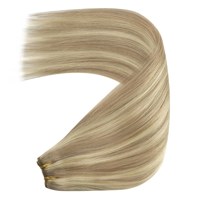 YoungSee 100G Weft Hair Extensions Human Hair Short Hair Weft Extensions Golden Blonde Highlighted Light Blonde Sew in Hair Extensions Real Human Hair for Short Hair 14Inch