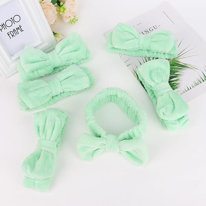 Casoty 6 Pcs Green Spa Headbands, Skin Care Headband, Soft Coral Fleece headbands for makeup, Bow Hair Band for Face Washing Shower Skin Care Yoga