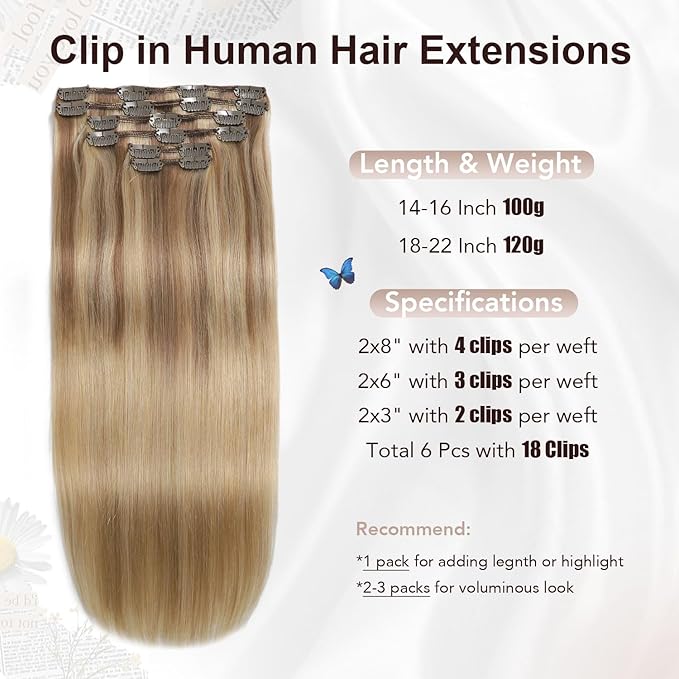 XDhair Clip in Hair Extensions 100g 16 Inch Balayage Hair Extensions Clip in Human Hair Golden Brown to Light Blonde Straight Real Human Hair Extensions Clip ins for Women 6pcs #10/27/27 16 Inch
