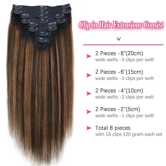 Yaki Straight Clip ins Real Human Hair Extensions For Women Highlight Hair Extensions Yaki Straight Clip in Hair Extensions(26inch,T1BP1B/30)