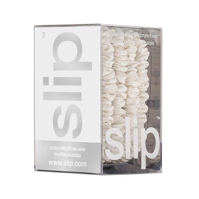 slip Skinny Scrunchies: Anti-Crease, Anti-Breakage Slipsilk™ Design Protects Delicate Hair | Includes 4 Pure Silk Scrunchies, White