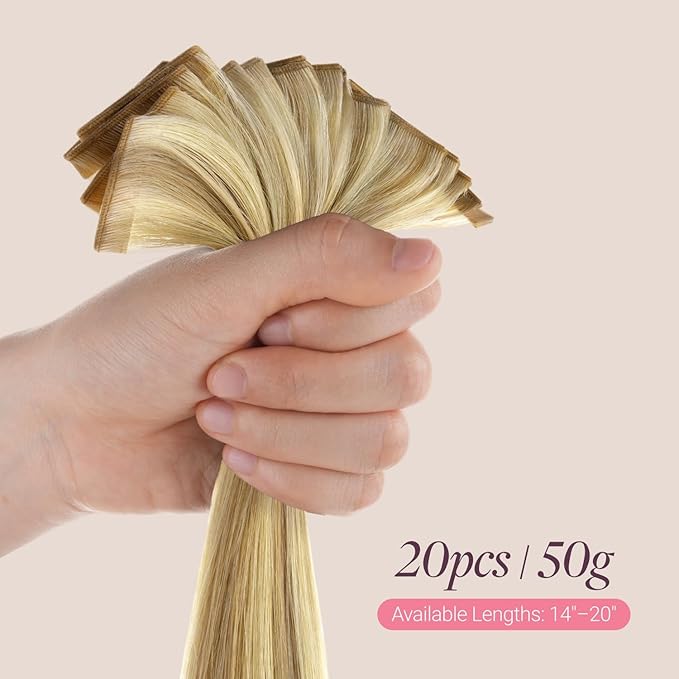GOO GOO Genius Tape in Hair Extensions, Hand Tied Tape Weft, 16/22 Light Blonde Highlighted Golden Blonde, 18inch 50g 20pcs, Remy Human Hair, Seamless Invisible Tape, Natural Blend, Lightweight