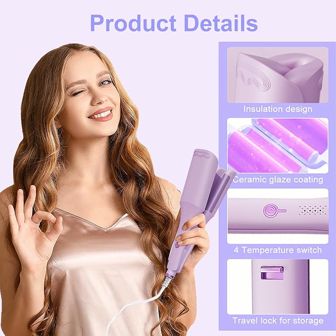 Waver Hair Crimper, 1.25 Inch Curling Wands with Ceramic 3 Barrels, 4 Temp Settings, Heat Resistant Glove, Fast Heating Crimper Hair Iron for Short and Long Hair (Purple)