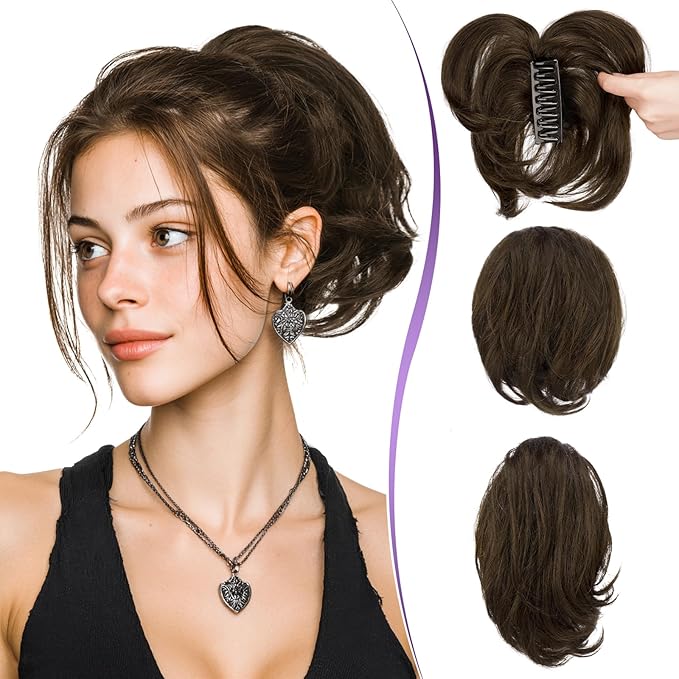 RUWISS Claw Clip Short Human Hair Ponytail Extension with Bendable Metals for DIY Styles, Straight Messy Bun Hair Piece for Women Thick Hairpieces for Daily Wear, 9 Inch Dark Brown