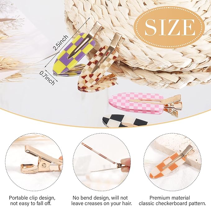 18PCS No Bend Hair Clips, Checkerboard No Crease Curl Pins, Acrylic Resin Flat Styling, Colorful Bang Seamless Duckbill Barrette for Makeup Hairstyle Accessories for Women Girls