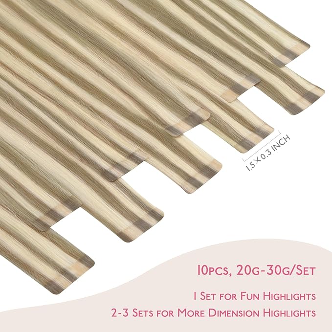 WENNALIFE Tape in Hair Extensions Human Hair Ash Brown with Platinum Blonde Highlights, 10pcs 30g 26 inch Remy Hair Invisible Tape Ins Straight Colored Soft Refill Set