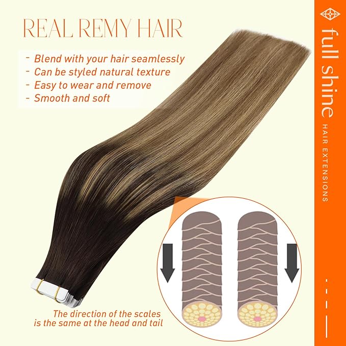 Full Shine Balayage Tape In Extensions Human Hair 12 Inch Hair Extensions Tape In Color 2 Brown Ombre 8 Ash Brown And 27 Blonde Seamless 20 Pcs Silky Hair Add Volume 30 Gram