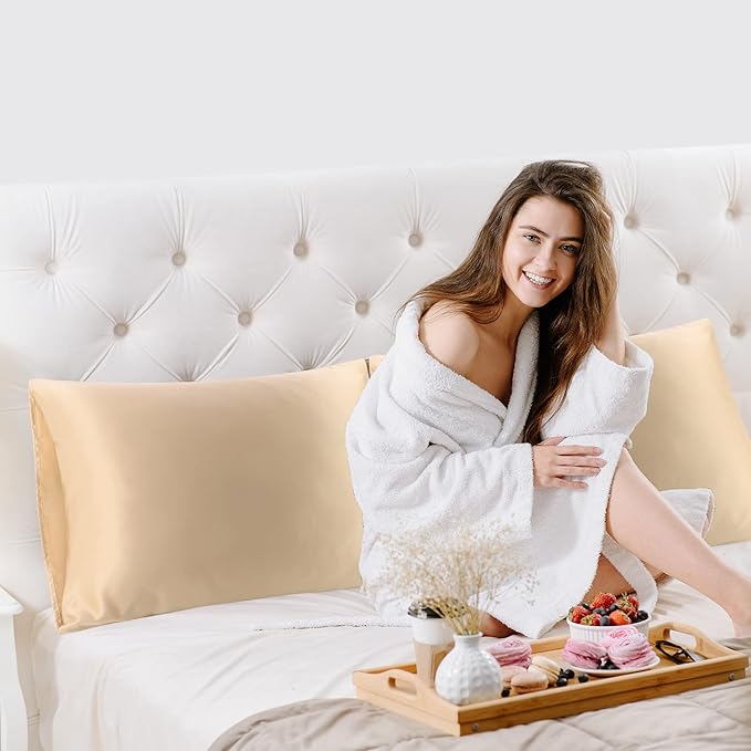 uxcell 2 Pack Silk Satin Pillowcase for Hair and Skin, Cool, Silky, Soft Breathable Pillow Cases Queen Size 20x30 Inch Sateen Pillowcase Champagne with Envelope Closure