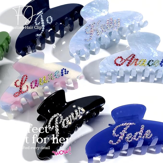 Personalized Colorful Name Hair Claw Clips for Women,Custom Hair Clips with Diamond,Cute Hair Accessories 4",Handmade Rhinestones Hair Clamp Gifts for Mom,Bride,Wife,Bridesmaid（Blue Sugar）