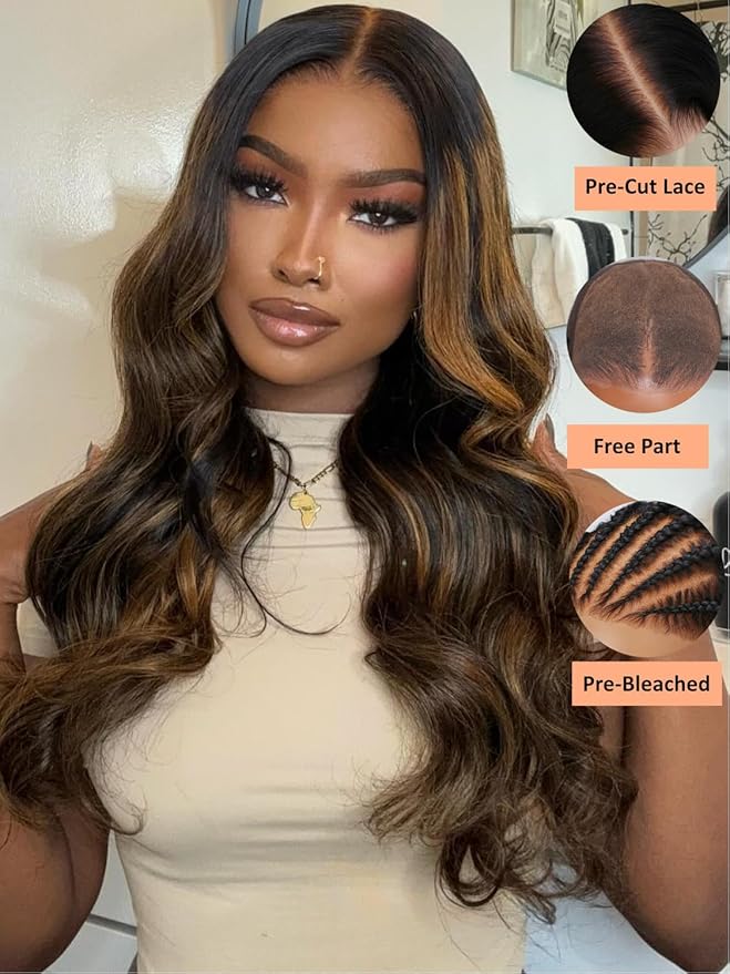 YIROO Bye Bye Knots Pre Everyting Glueless Wigs Highlight Balayage Brown Body Wave Put on and Go 7x5 Pre Cut Lace Front Wig Invisible Knots Pre-Bleached Pre Plucked Ready to Go 150% Density 16inch