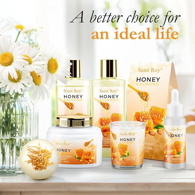 Christmas Gifts for Women Bath & Body Gift Set, Luxury Home Spa Bath Gift Basket, Honey Almond Scented Bath Set, Pamper Gifts Birthday gifts & Teens, Spa Kit Gift, Home Spa Gifts for Men Dad