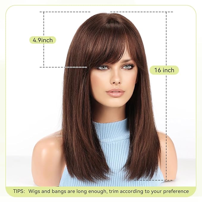 RSY Straight Human Hair Wigs for Women, Shoulder Length and Layered Real Hair Auburn Wig with Bangs for Daily Party Use