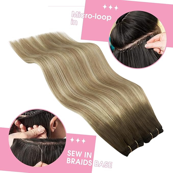 YoungSee Hair Extensions Weft Ombre Sew in Extensions Walnut Brown Ombre Light Brown with Blonde Balayage Double Weft Human Hair Extensions for Long Hair 22Inch 100G