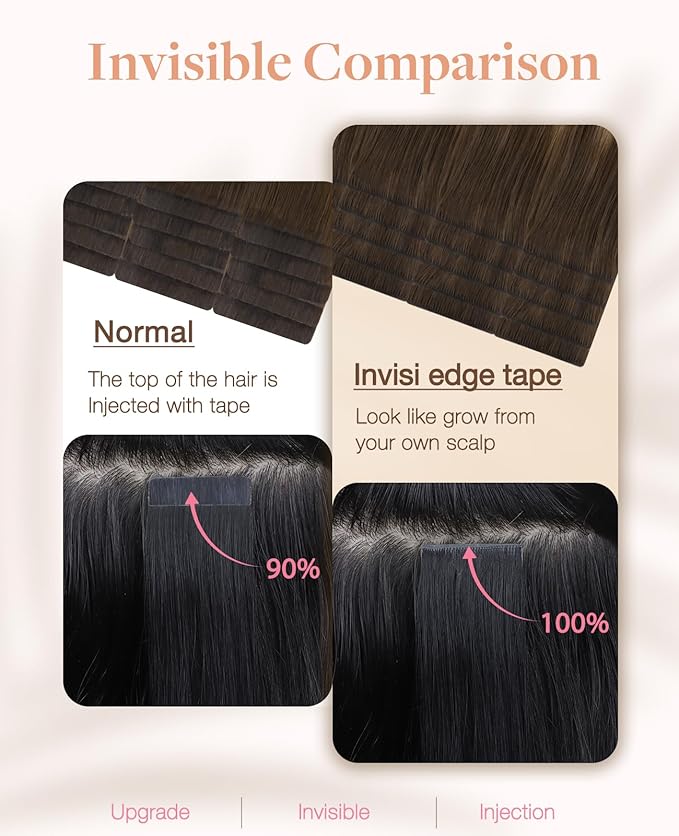GOO GOO Invisi Edge Tape in Hair Extensions Human Hair, 4/18 Balayage Chocolate Brown Highlighted Dirty Blonde, 20pcs 14inch 50g, Virgin Remy Hair, Seamless Injected Tape, Natural Look