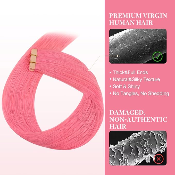 GOO GOO Tape in Hair Extensions Human Hair, Light Pink, 14inch 25g 10pcs, Colored Tape ins Human Hair Extensions, Silky&Soft Invisible Tape Ins, Hair Highlighted for Party