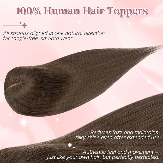 Real Human Hair Toppers for Women 3.54"*4.72" Silky Base 150% Density With Bangs Adjustable Parting Clip-In Topper Hairpieces for Women with Thinning Hair 12 Inches Natural Brown