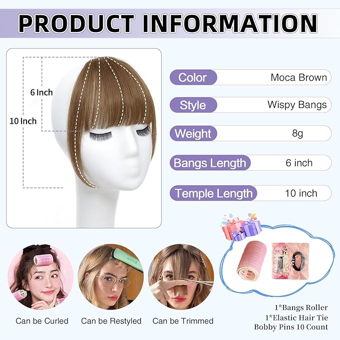 Wispy Bangs Hair Clip, 100% Human Hair Clip In Moca Brown Bangs for Women, Soft Layered Fake Bangs with Feathered Fringe, Easy Clip-On Design for Daily Wear & Halloween