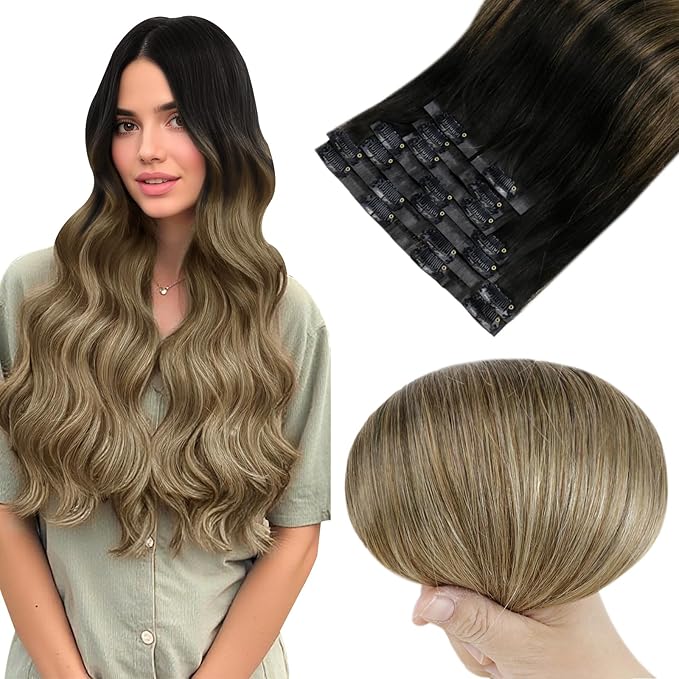 Full Shine Clip in Human Hair Extensions 20 Inch Black with Light Brown Highlights Blonde Seamless Clip ins for Women PU Weft Remy Hair Thick Ends 8 PCS 120G