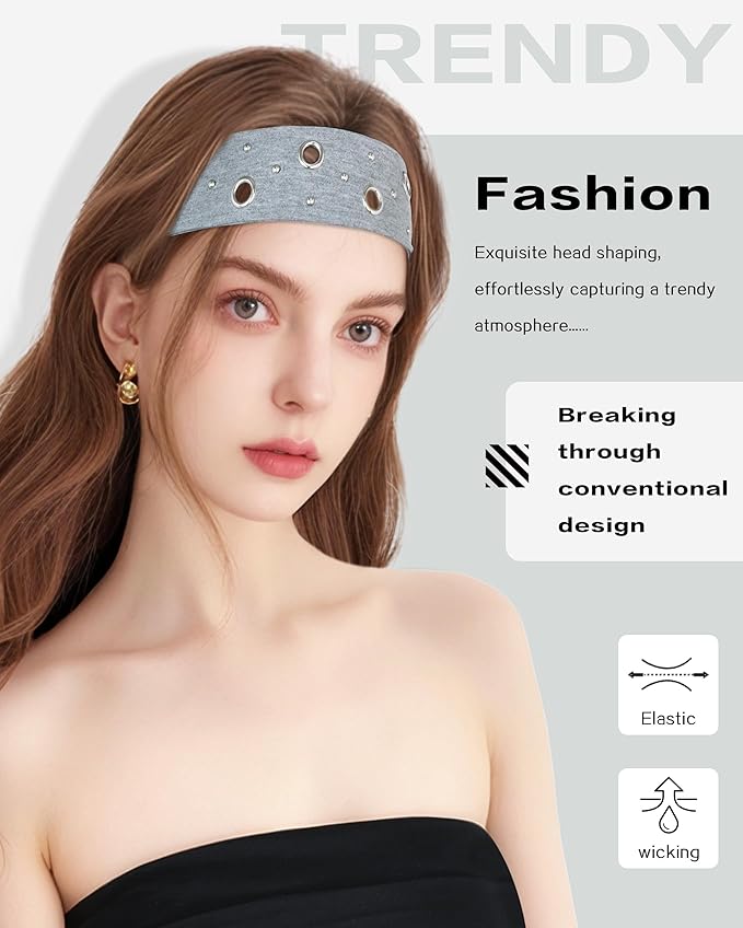 Grommet Headband for Women, Gray Round Studs 23cm Hollow Out Elastic Hair Band, Eyelets Punk Grunge Stylish Hairband