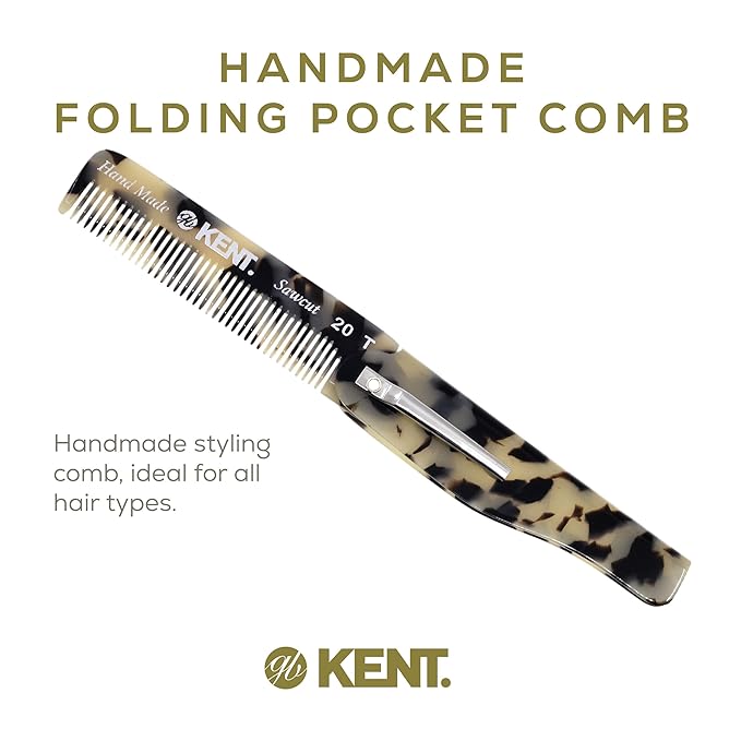 Kent 20T TW Handmade Folding Pocket Comb for Men, Fine Tooth Hair Comb Straightener for Everyday Grooming Styling Hair, Beard or Mustache, Use Dry or with Balms, Saw Cut Hand Polished, Made in England
