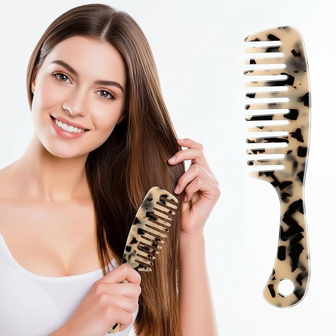 Large Wide Tooth Hair Comb, LADYAMZ [Tortoise Shell] Cellulose Acetate Round Tooth Comb for Straight/Curly Hair,Short/Long Hair Women Men or Kids, Easy Detangling Wet or Dry, Anti-static (Ivory)