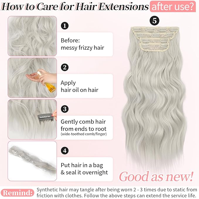 KooKaStyle Clip in Synthetic Hair Extensions Long Wavy 4PCS Thick Hairpieces Silver Grey Blonde Fiber Double Weft Natural Hair Extensions 20 Inch for Women