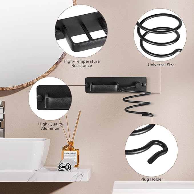 YUET Hair Dryer Holder Hairdryer Station Wall Mounted Spiral Shelf Bracket Stand Hanger Straightener Organizer Blow Storage with Holes Rack for Bathroom Aluminum Professional (Black)