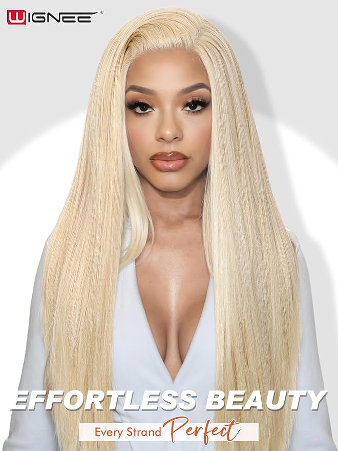 WIGNEE 13x6 Synthetic Lace Front Wig 28" Blonde Wig Pre-Plucked Handmade Lace Front Wigs with Kanekalon Futura Hair Voluminous Long Straight Synthetic Wigs for Daily Party Use