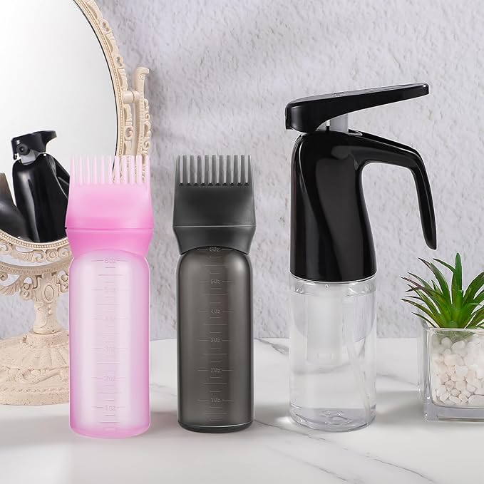 Pimoys 3 PCS Root Comb Applicator Bottle and Continuous Hair Spray Bottle, Hair Oil Applicator Hair Water Mister Oiling Applicator for Dye Hairstyling