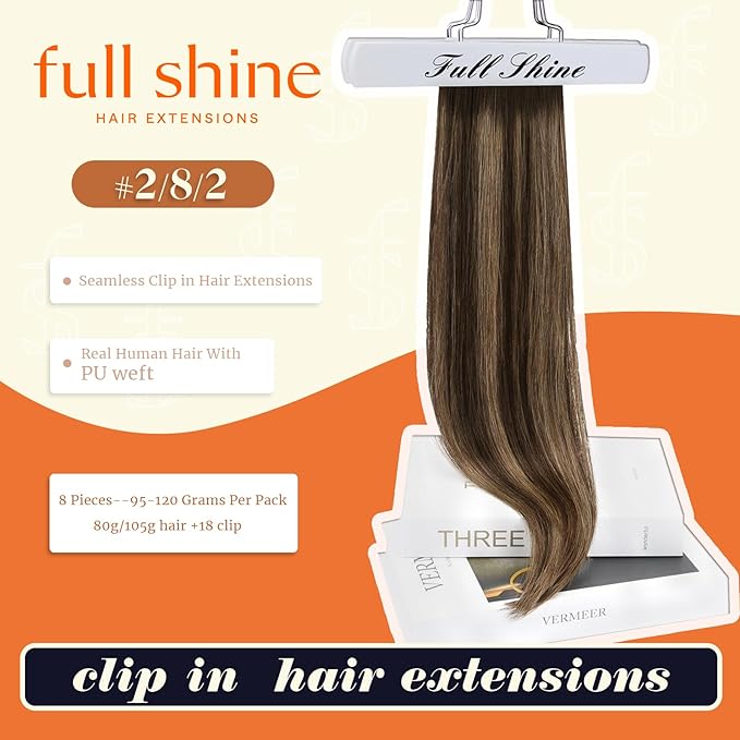 Full Shine Seamless Clip in Hair Extensions 22 Inch Dark Brown Balayage to Light Brown with Caramel Blonde Real Human Hair Straight Hair for Long 8 PCS 120 G