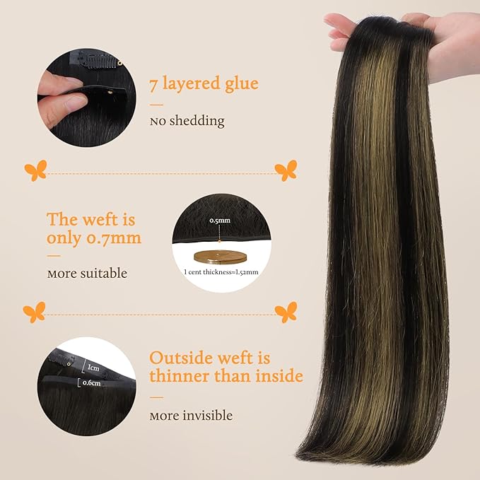 DOORES Hair Extensions Real Human Hair, Natural Black to Chestnut Brown 14 Inch 130g 9pcs, Clip in Remy Human Hair Extensions Seamless Clip ins Straight Hair Invisi Edge Hair Extensions Remy Hair