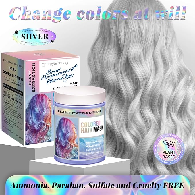 Vegan Semi Permanent Hair Color Mask - 10.15OZ Color Depositing Conditioner for Color-Treated Hair - Ammonia, Paraben, Sulfate & Cruelty-Free - Enhances & Tones Hair - Plant-Based Formula (SILVER)